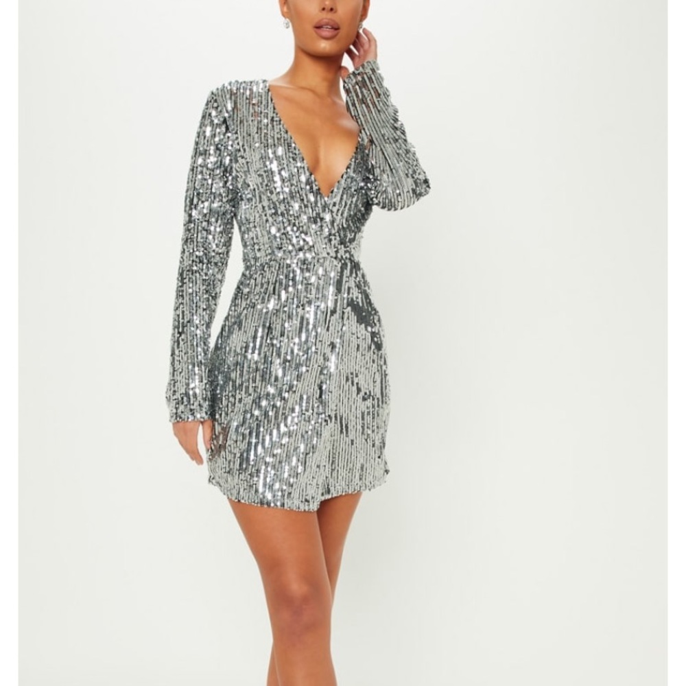 Silver Sequin Plunge Wrap Bodycon Dress